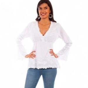 SCULLY White Cantina Empire Embroidered Pemplum Bell Sleeve Top - XL